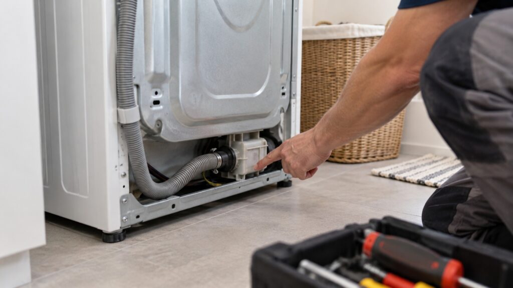 A technician's hand pointing at the lower rear of a washer cabinet