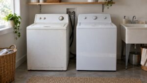 An older top-load washer and a newer one standing side by side in a laundry room