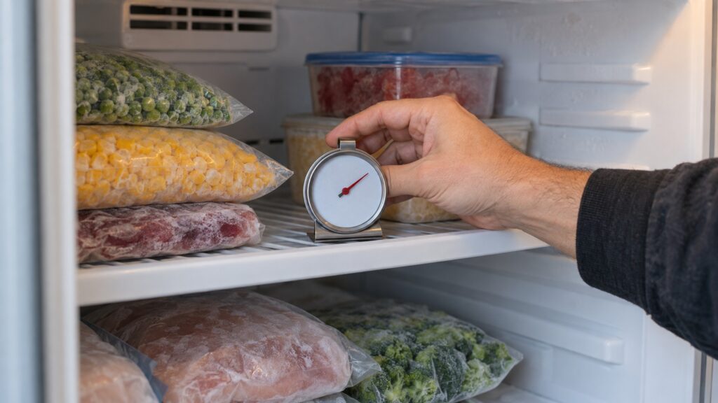 A hand placing an appliance thermometer on a freezer shelf beside frozen packages