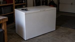 A closed chest freezer in a dim garage with a flashlight lying on the lid