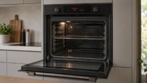 A built-in wall oven with an unreadable fault code on its display and an empty cavity