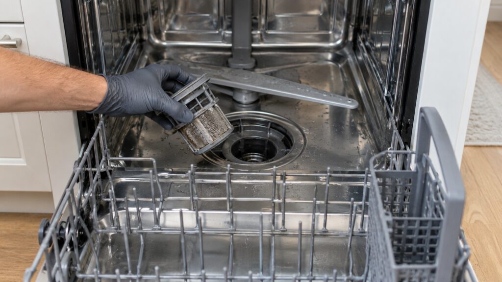 The open lower rack of a dishwasher with the round filter assembly lifted out of the tub floor