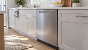 A built-in dishwasher with a pocket handle and a clean flat front stands in a bright modern kitchen cabinet run