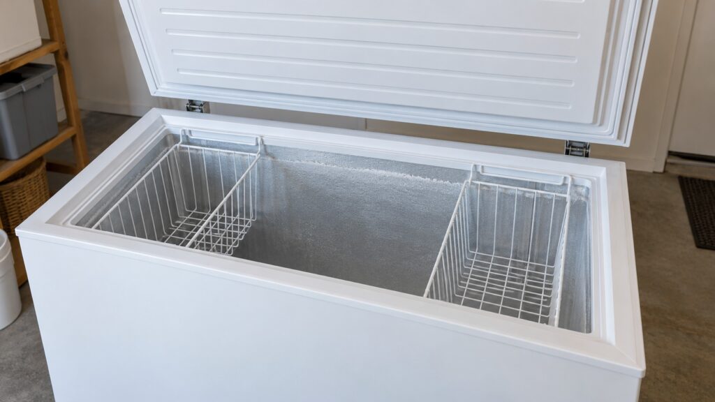 The open lid of a white chest freezer showing wire storage baskets and a light layer of frost on the inner wall