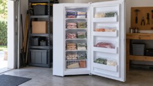 A white upright freezer stands open in a tidy garage with neatly stacked frozen food on its shelves