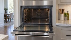 A stainless built-in electric wall oven stands open at eye level showing a smooth flat cavity floor with no exposed heating coil