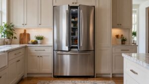 A tall stainless French-door refrigerator sits flush between kitchen cabinets with both doors slightly open