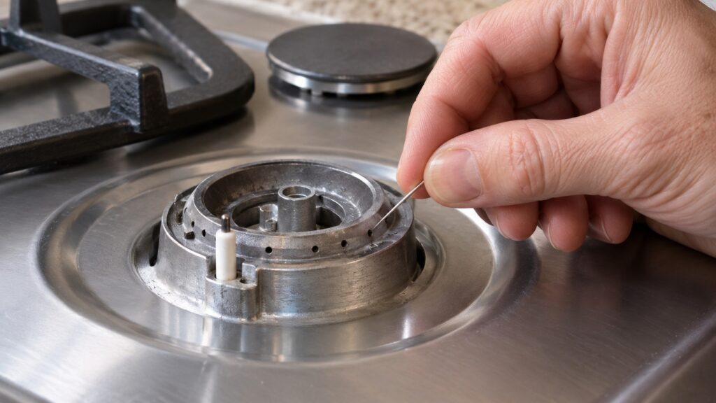 A hand holding a straight pin to clear one small port on the rim of a sealed burner base next to its spark electrode
