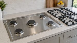 A stainless gas cooktop with five sealed burners and heavy cast-iron grates lifted off beside it on a clean counter