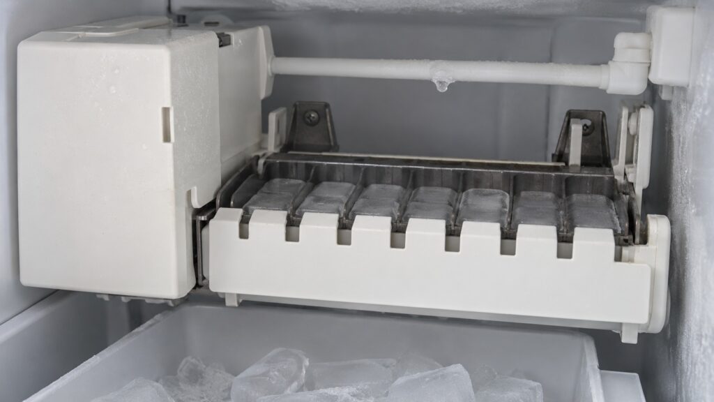 A close view of a plastic ice maker module in a freezer with a small bead of frost on the plastic fill tube above the mold