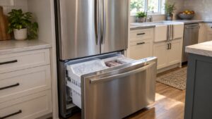 A stainless French-door refrigerator with its lower freezer drawer pulled open showing an ice bin partly filled with clear cubes