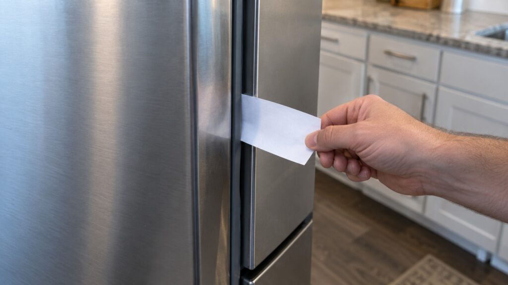 A strip of white paper pinched between a closed refrigerator door and its rubber seal with a hand pulling the strip out