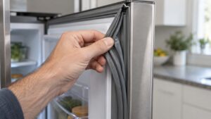 A hand pulling back the soft rubber door seal of a stainless refrigerator to show the folds of the gasket