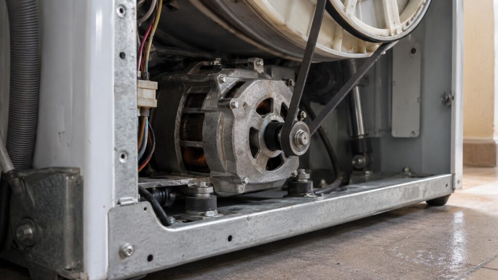 A close view of the lower back corner of a washer cabinet where the electric motor and a drive belt sit in shadow