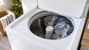 A white top-load washer with its lid open and a very full drum of wet towels bunched against one side